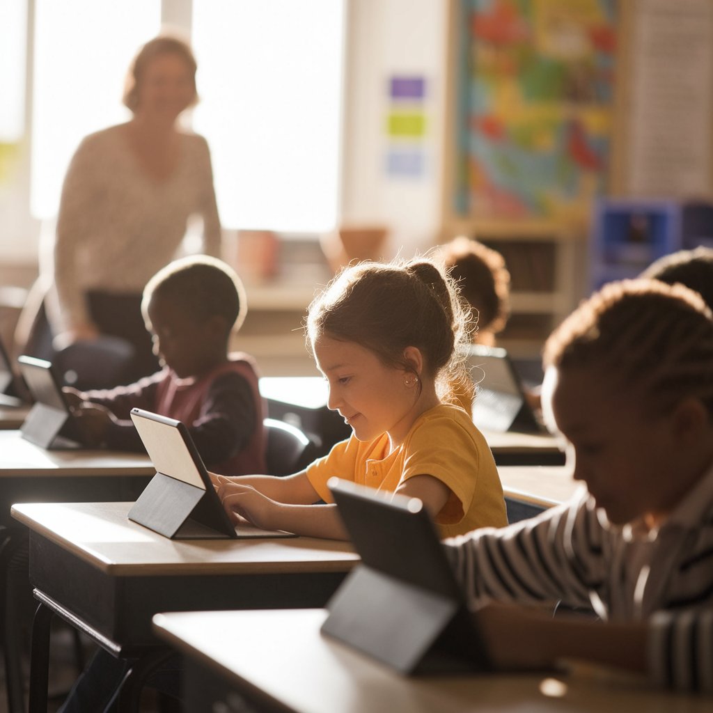 Children using My Story app in classroom setting