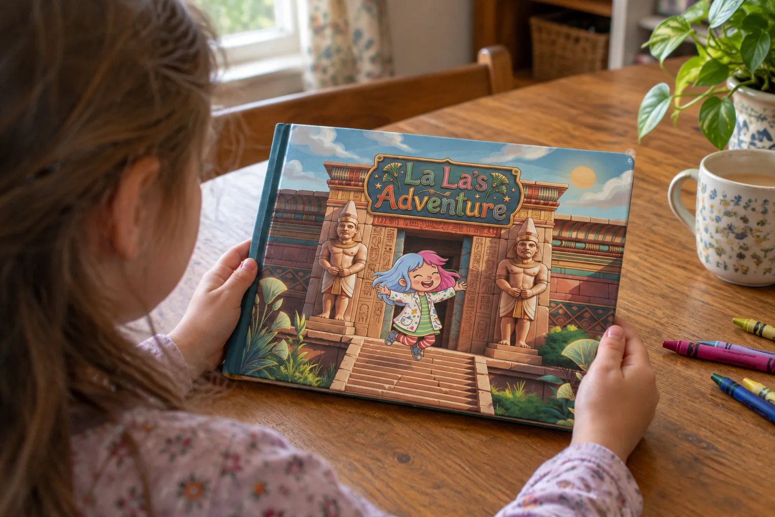 A child holds a printed copy of La La's Adventure, a landscape picture book, at a wooden table