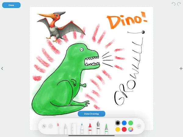 A crayon-style drawing of a green dinosaur roaring 'Dino!' at a pterodactyl, on a page in the My Story iPad app with the drawing tools along the bottom